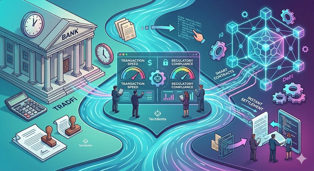 DeFi vs. TradFi: The Corporate Finance Battle of 2026 Infographic comparing DeFi and TradFi corporate ecosystems in 2026, showing key differences in transparency, speed, and risk against a tech-blog style cyan and magenta digital background.