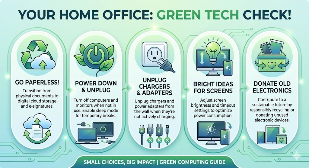 The Green Switch: Saving Your Wallet and the Planet with Green Computing Infographic titled "The Power of a Password Manager!" with 5 tips: "CREATE STRONG PASSWORDS", "ONE MASTER PASSWORD", "SECURE VIRTUAL VAULT", "SEAMLESS AUTOFILL", and "PEACE OF MIND".